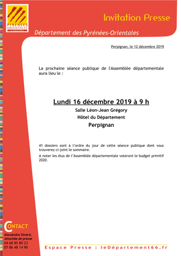 Lundi 16 Décembre 2019 À 9 H Salle Léon-Jean Grégory Hôtel Du Département Perpignan