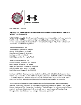 For Immediate Release Tewaaraton Award Presented by Under Armour Announces Five Men's and Five Women's 2017 Finalists Washin