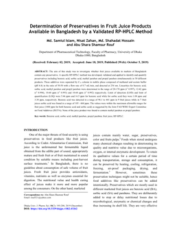 Determination of Preservatives in Fruit Juice Products Available in Bangladesh by a Validated RP-HPLC Method