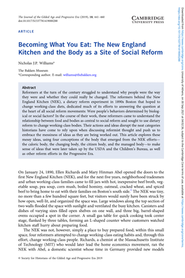 Becoming What You Eat: the New England Kitchen and the Body As a Site of Social Reform