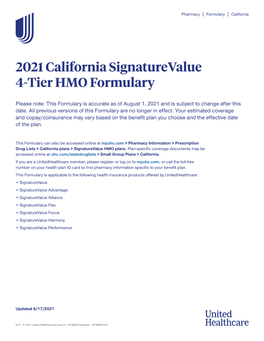 August 2021 California Signaturevalue 4 Tier HMO Formulary
