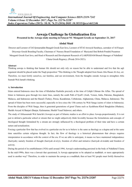 Aswaja Challenge in Globalization Era Presented in the Aswaja Study Meeting in Fatayat NU Menganti Gresik on September 21, 2017