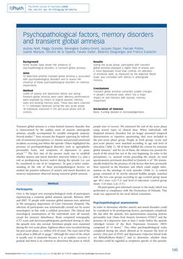 Psychopathological Factors, Memory Disorders and Transient Global