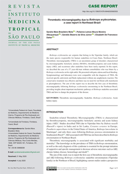 Thrombotic Microangiopathy Due to Bothrops Erythromelas: a Case Report in Northeast Brazil