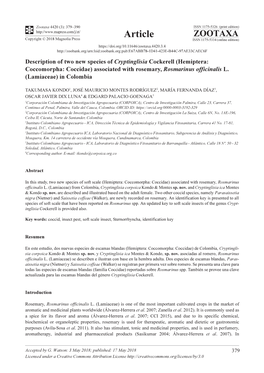 Hemiptera: Coccomorpha: Coccidae) Associated with Rosemary, Rosmarinus Officinalis L