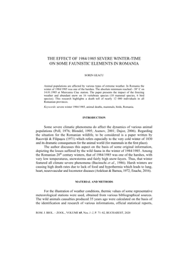 The Effect of 1984/1985 Severe Winter-Time on Some Faunistic Elements in Romania