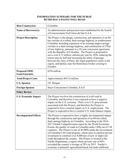 1- INFORMATION SUMMARY for the PUBLIC RUMICHACA-PASTO TOLL ROAD Host Country(Ies) Colombia Name of Borrower(S) an Administrat