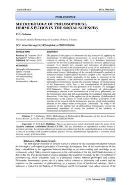 Methodology of Philosophical Hermeneutics in the Social Sciences