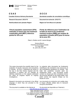 (VPA) Estimates of Stock Size and Maximum Sustainable Yield (MSY) Reference Points for 3Ps Cod