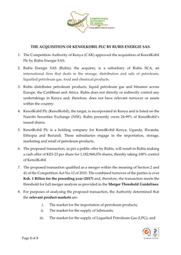 The Acquisition of Kenolkobil Plc by Rubis Energie Sas