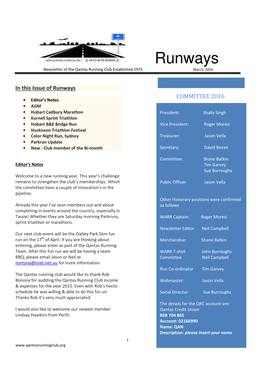 Runways Newsletter of the Qantas Running Club Established 1975 March, 2016