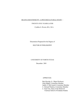 Death and Ethnicity: a Psychocultural Study – Twenty-Five Years Later. Doctor of Philosophy (Counseling Psychology), December 2001, 232 Pp