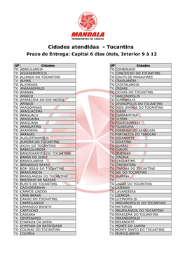 Cidades Atendidas - Tocantins Prazo De Entrega: Capital 6 Dias Úteis, Interior 9 À 12