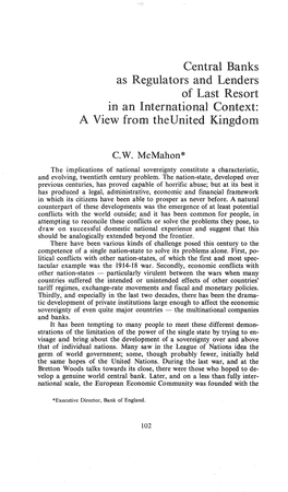 Central Banks As Regulators and Lenders of Last Resort in an International Context: a View from Theunited Kingdom