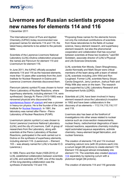 Livermore and Russian Scientists Propose New Names for Elements 114 and 116 1 December 2011