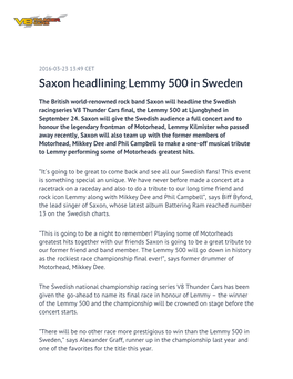 ​Saxon Headlining Lemmy 500 in Sweden