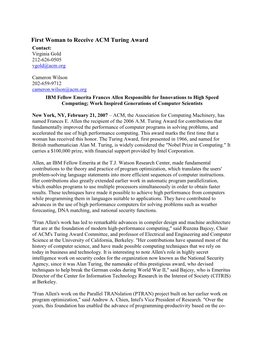 First Woman to Receive ACM Turing Award Contact: Virginia Gold 212-626-0505 Vgold@Acm.Org