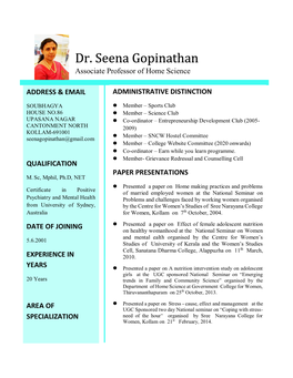 Dr. Seena Gopinathan Associate Professor of Home Science