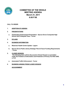 COMMITTEE of the WHOLE MEETING AGENDA March 21, 2011