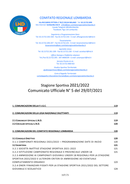 Comunicato Ufficiale N° 5 Del 29/07/2021