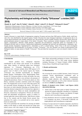 Phytochemistry and Biological Activity of Family "Urticaceae": a Review (1957- 2019) 1 1 1 2* 2,3