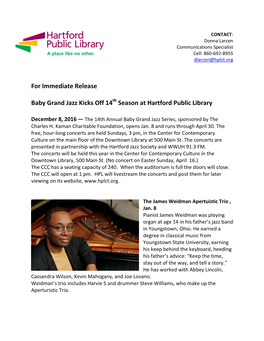 For Immediate Release Baby Grand Jazz Kicks Off 14Th Season at Hartford Public Library