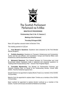 Minutes of Proceedings of the Parliament of Thursday 20 August 2020