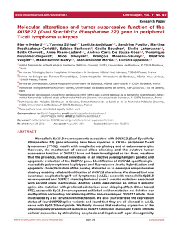 Molecular Alterations and Tumor Suppressive Function of the DUSP22 (Dual Specificity Phosphatase 22) Gene in Peripheral T-Cell Lymphoma Subtypes