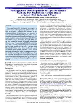 Hemagglutinin Immunoglobulin M (Igm) Monoclonal Antibody That Neutralizes Multiple Clades of Avian H5N1 Influenza a Virus Shuo Shen1, Geetha Mahadevappa1, Sunil K