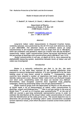 Radon in Houses and Soil of Croatia V. Radolić*, B. Vuković, D. Stanić, I