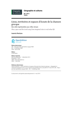 Géographie Et Cultures, 84 | 2012 Lieux, Territoires Et Espaces D’Écoute De La Chanson Grecque 2