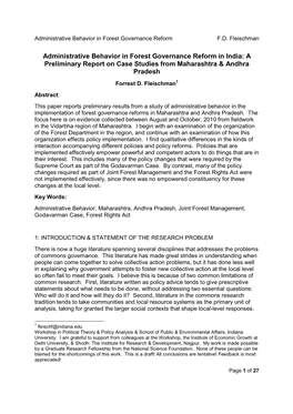 Administrative Behavior in Forest Governance Reform in India: a Preliminary Report on Case Studies from Maharashtra & Andhra Pradesh Forrest D