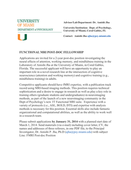 Functional Mri Post-Doc Fellowship