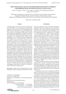 The Infrapatellar Fat Pad from Diseased Joints Inhibits Chondrogenesis of Mesenchymal Stem Cells W