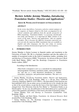 Review Article: Jeremy Munday, Introducing Translation Studies: Theories and Applications 1