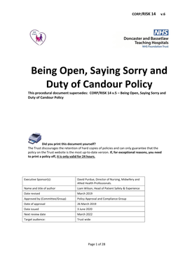 Being Open, Saying Sorry and Duty of Candour Policy This Procedural Document Supersedes: CORP/RISK 14 V.5 – Being Open, Saying Sorry and Duty of Candour Policy