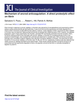 Mechanism of Ancrod Anticoagulation: a Direct Proteolytic Effect on Fibrin