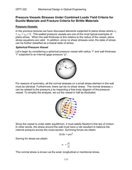 Pressure Vessels Stresses Under Combined Loads Yield Criteria for Ductile Materials and Fracture Criteria for Brittle Materials