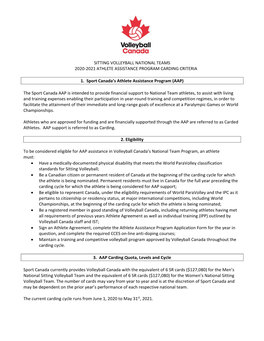 Sitting Volleyball National Teams 2020-2021 Athlete Assistance Program Carding Criteria