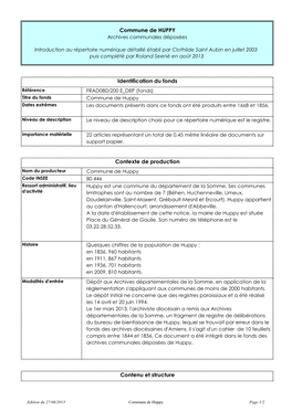 Commune De HUPPY Identification Du Fonds Contexte De Production