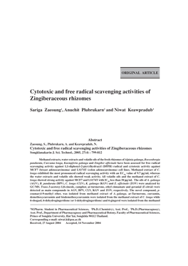 Cytotoxic and Free Radical Scavenging Activities of Zingiberaceous Rhizomes