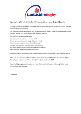 6 Young Lancastrians Have Been Selected to Play for the North Division in February Against Midlands at Dudley Kingswinsford RUFC