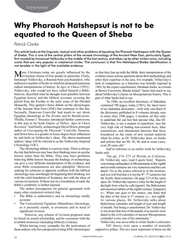 Why Pharaoh Hatshepsut Is Not to Be Equated to the Queen of Sheba Patrick Clarke