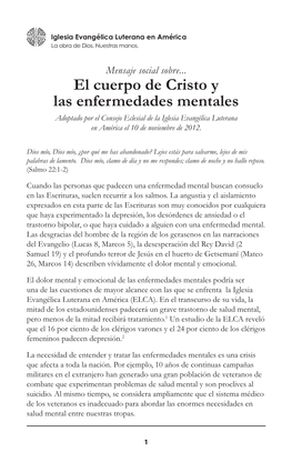 El Cuerpo De Cristo Y Las Enfermedades Mentales Adoptado Por El Consejo Eclesial De La Iglesia Evangélica Luterana En América El 10 De Noviembre De 2012