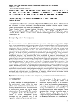 Assessment of the Rural Population Economic Activity in the System of United Territorial Communities Development: a Case Study of Volyn Region, Ukraine