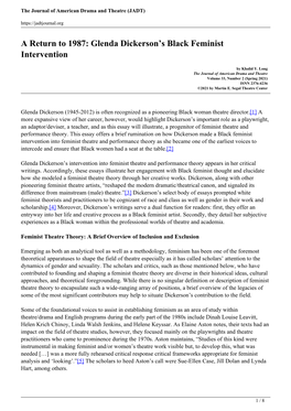 A Return to 1987: Glenda Dickerson's Black Feminist Intervention” by Khalid Y