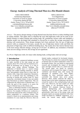 Energy Analysis of Using Thermal Mass in a Hot Humid Climate