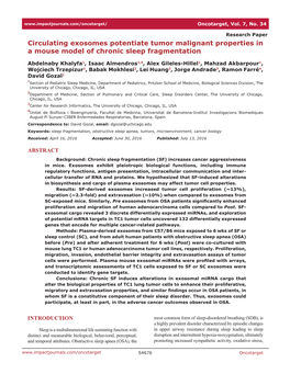 Circulating Exosomes Potentiate Tumor Malignant Properties in a Mouse Model of Chronic Sleep Fragmentation