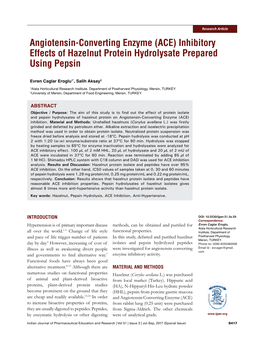 Inhibitory Effects of Hazelnut Protein Hydrolysate Prepared Using Pepsin