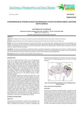 Ethnomedicinal Studies in Selected Medicinal Plants of Dhoni Forest, Western Ghats, Kerala